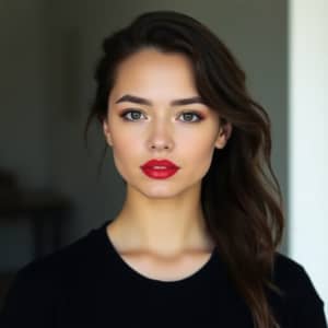 Stylish Girl in Red Lipstick and Casual Wear