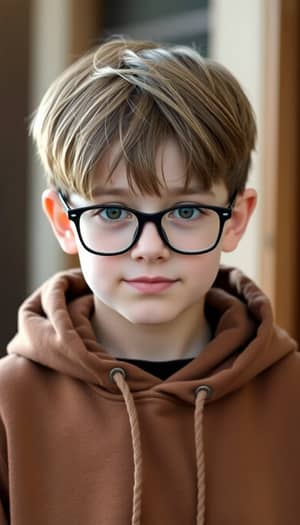 Portrait of a Boy in a Brown Hoodie and Glasses