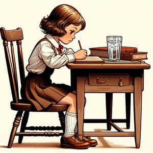 Nostalgic Scene: Girl at School Desk Focused on Book