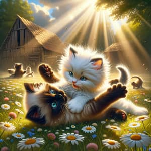 Playful White Persian and Black Siamese Kittens Frolicking in Sunny Meadow