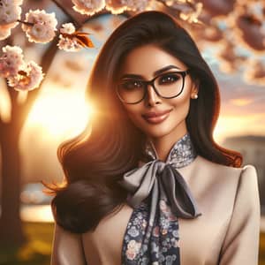 Elegant Beauty: South-Asian Woman in Cherry Blossoms