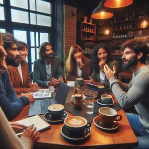 Diverse Founders Discussing Startup Ideas in Cozy Spanish Cafe