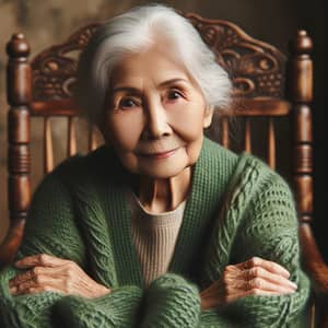 Elderly South Asian Woman in Green Sweater on Rocking Chair