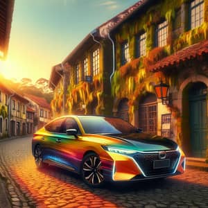 Colorful Sedan Car on Cobblestone Street | Serene Cityscape View