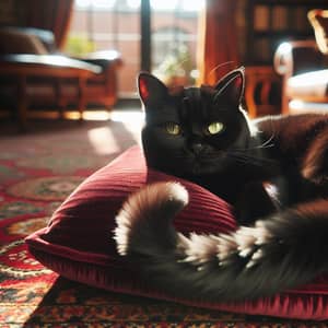 Relaxing Domestic Short-Haired Cat on Soft Red Cushion