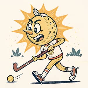 Vintage Cartoon Sun Mascot with Hockey Stick