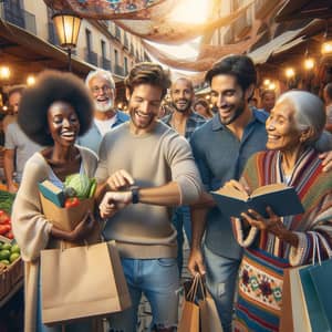 Joyful Shopping Scene with Diverse Shoppers at Bustling Market