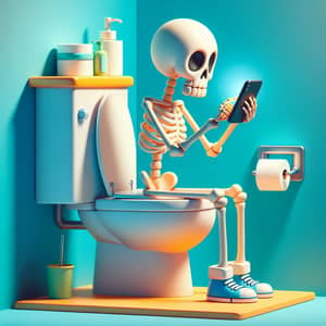 Humorous Skeleton on Modern Toilet with Smartphone