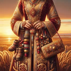 Traditional Kazakh National Clothing Painting in Sunset Steppe