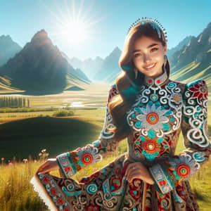 Traditional Kazakh Girl in Ornate Attire | Kazakhstan Landscape