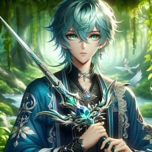 Fantasy Anime-Style Character in Verdant Magical Forest with Ornate Sword