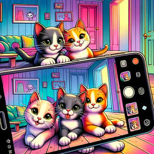 Playful Kittens Selfie in Vibrant Living Room