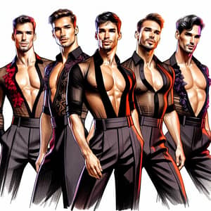 Latin Dance Costume Design Illustration - Alluring Men in Vibrant Attire