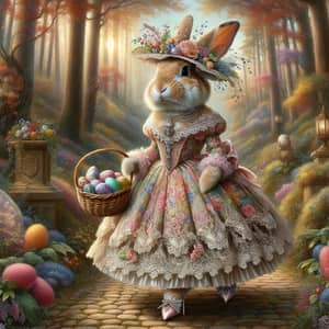 Charming Easter Rabbit in Forest with Basket of Easter Eggs