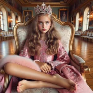 Norwegian Girl in Pink Traditional Nordic Costume on Lavish Throne