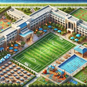 Sprawling School Campus with Football Field, Cafeteria, Swimming Pool & Playground