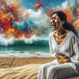 Hispanic Woman in Distress on Vibrant Beach - Urgency Captured