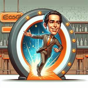 Caricature Emerges from Portal at Vibrant Bar Scene