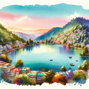 Nainital Watercolor Landscape | Captivating Lake & Green Hills