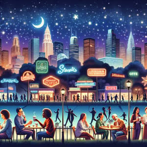 City Night View with Diverse People Enjoying Local Spots