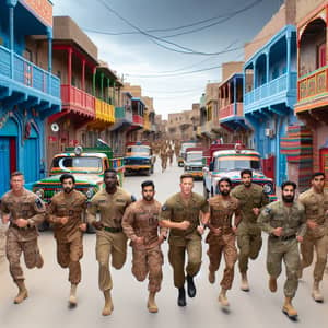 Diverse Group of Army Officers Running in Pakistani Street