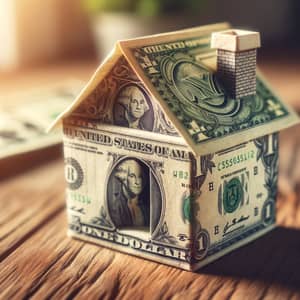 Intricately Crafted Miniature Dollar Bill House on Wooden Table