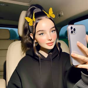 Ariana Grande Car Selfie with Yellow Butterfly Filter