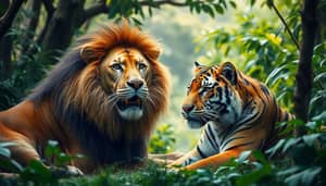 Lion and Tiger Together in Lush Jungle