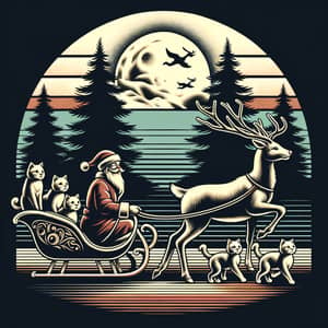 Vintage Twilight Scene with Reindeer, Jolly Figure, and Cats