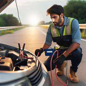 Professional Roadside Assistance: Middle Eastern Man Jumpstarting Car