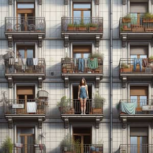 Vintage Apartment Block Facade with Balconies and Woman