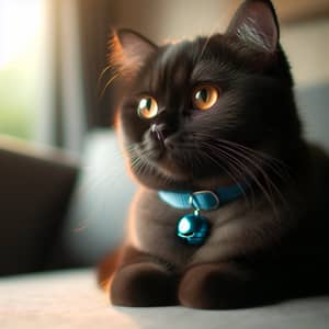 Midnight Black Domestic Cat with Blue Collar and Jingling Bell