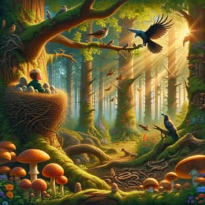 Enchanting Forest Scene with Nest, Birds, and Children