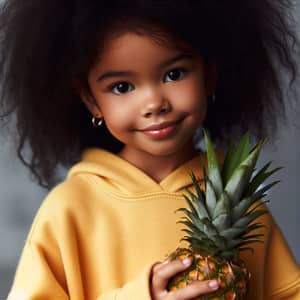 Sweet Melanesian Girl with Curly Black Hair Holding Pineapple