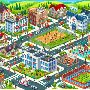 Colorful Cartoon Town Planning: School, Hospital, Stadium & Bank