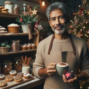 South Asian Baker Surrounded by Freshly Baked Goods and Christmas Decor