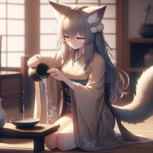 Melancholic Neko Anime Catgirl Performing Honoring Ceremony