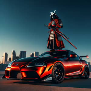 Fiery Red Toyota Supra with Samurai in Modern Setting