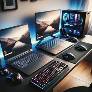 Modern Tech Setup with Dual Laptops and Gaming Keyboard