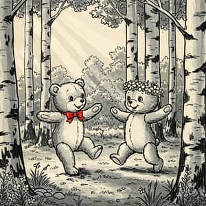 Cute Bears Dancing in a Black & White Forest