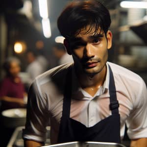 Weary South Asian Waiter in Dimly Lit Restaurant - Exhausted Server