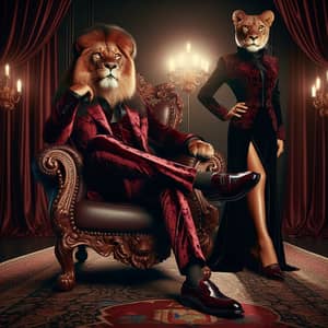 Regal Lion Portrait in Velvet Suit & Elegant Dress