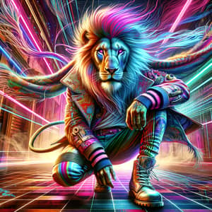 Futuristic Realistic Lion in Vibrant Clothes | Urban Neon Art