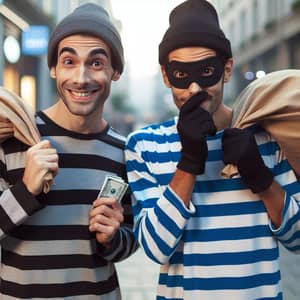 Playful Thieves in Black and Azure Striped Shirts | City Street Scene