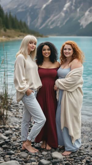 Three Women by a Crystal-Clear Mountain Lake