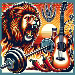 Masculinity and Virility: Lion, Barbell, Chili, Arrow & Guitar