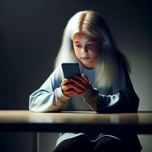 14-Year-Old Girl Engrossed in Phone at Table