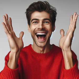 Jubilant Caucasian Man in Vibrant Red Sweater