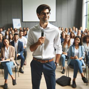 Professional Public Speaking Coach Demonstrating Effective Body Language Techniques