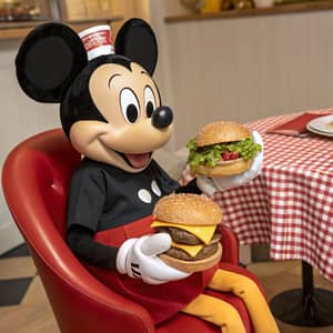 Mickey Mouse Enjoying a Delicious Burger